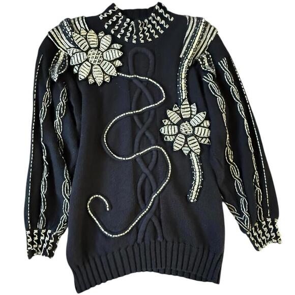 Vintage Bonnie Boerer Black Beaded Sweater Small – 1988 Floral Statement Knit - Picture 1 of 11